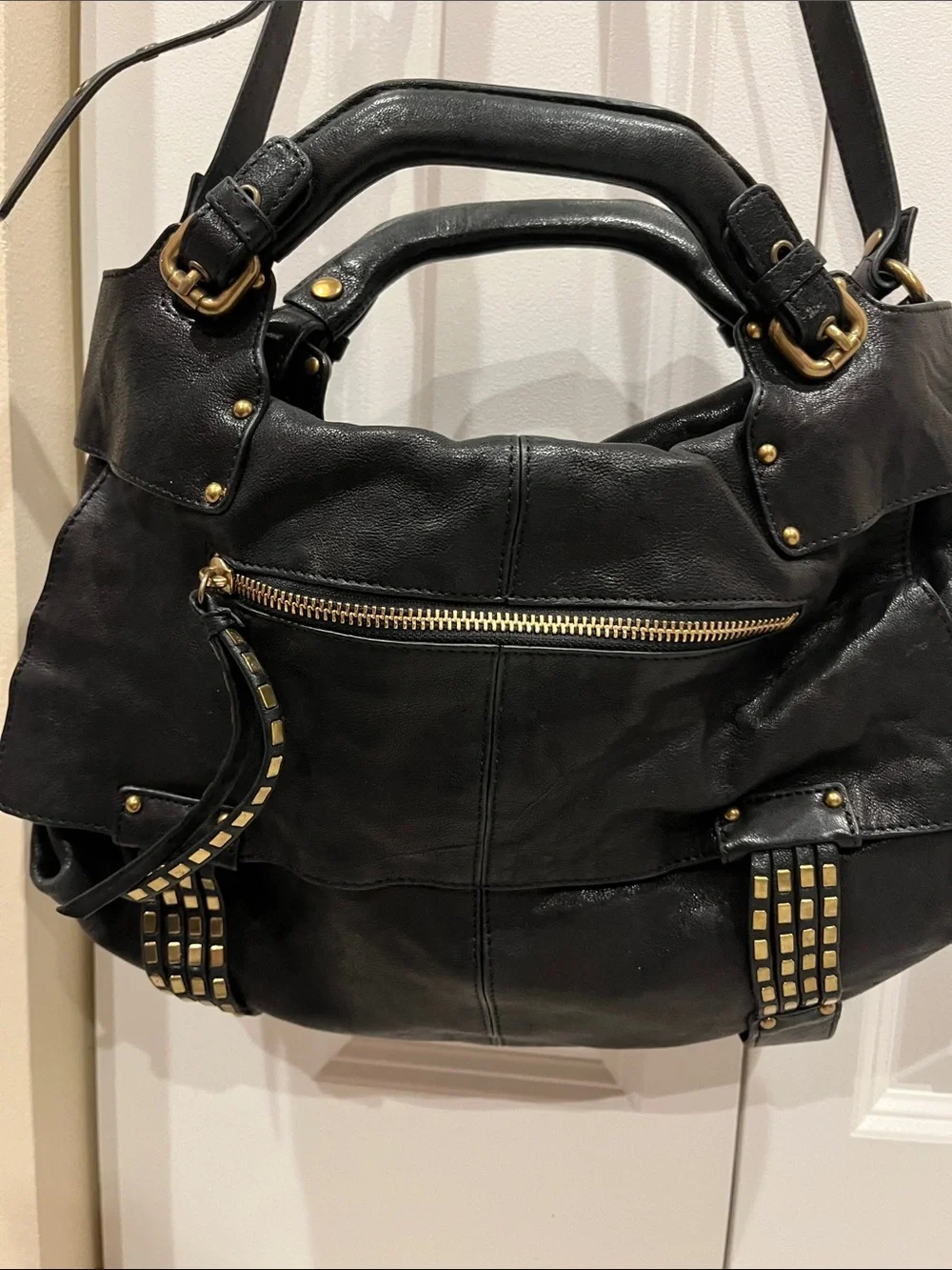 Kooba Black Leather Bag with Gold Studs